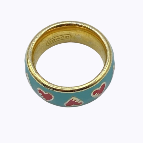 Coach Heart Band Enamel Ring Turquoise Gold Tone Size 6 Y2K - Picture 2 of 3
